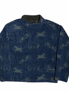 Vintage 90s Horse Equestrian Print Fleece Mock neck Sweater Size L Retro